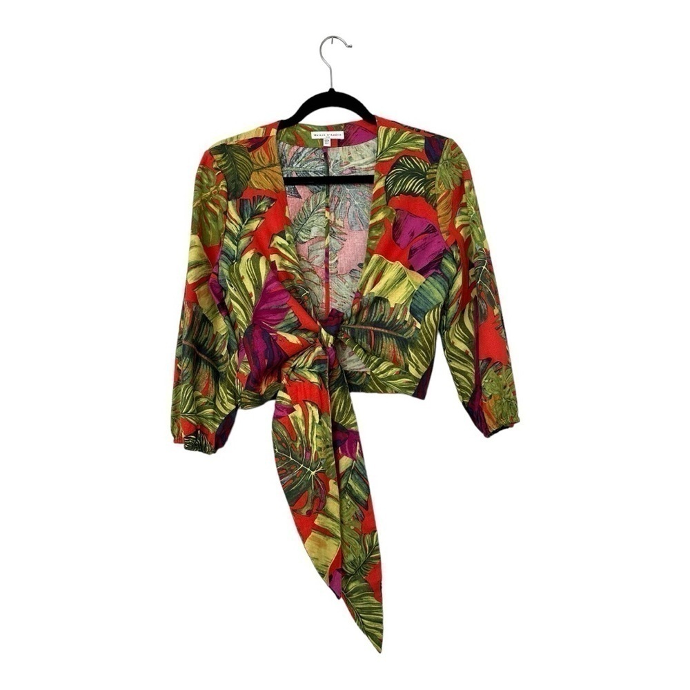Maison d’Amelie Tropical Leaf Print Tie-Front Linen Blouse Vibrant Print Small